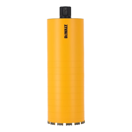 Yellow DEWALT core drill bit with black connector, upright against white background.