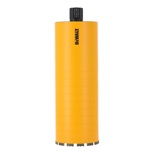 DEWALT yellow cylindrical diamond core bit for drilling, shown upright against a white background.