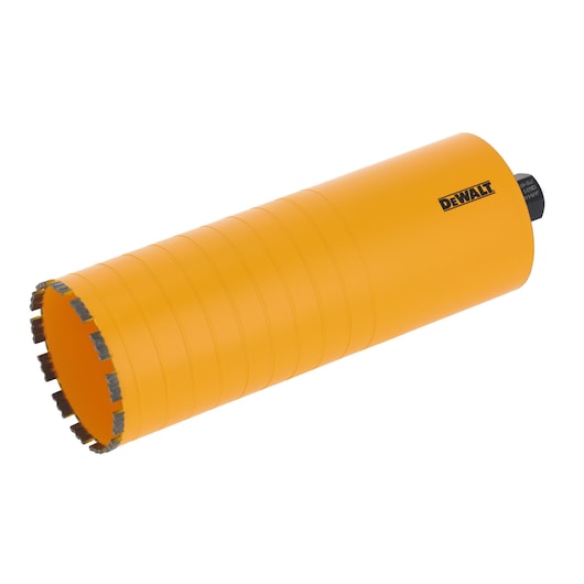 Yellow DEWALT cylindrical core drill bit with segmented cutting edge, designed for concrete and masonry drilling.