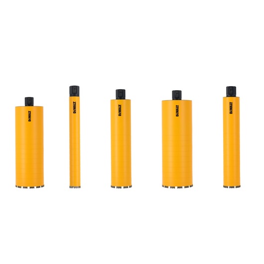 Five DEWALT yellow cylindrical drill bits with black tops are displayed upright on a white background.