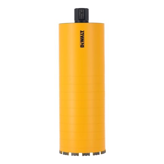 A DEWALT branded yellow cylindrical core drill bit with segmented tip, designed for drilling through concrete or masonry.