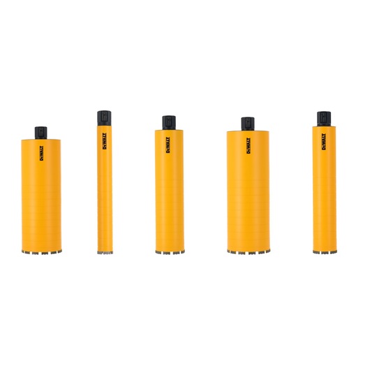 Five yellow DEWALT cylindrical drill bits with black tops, displayed upright in a row on a white background.