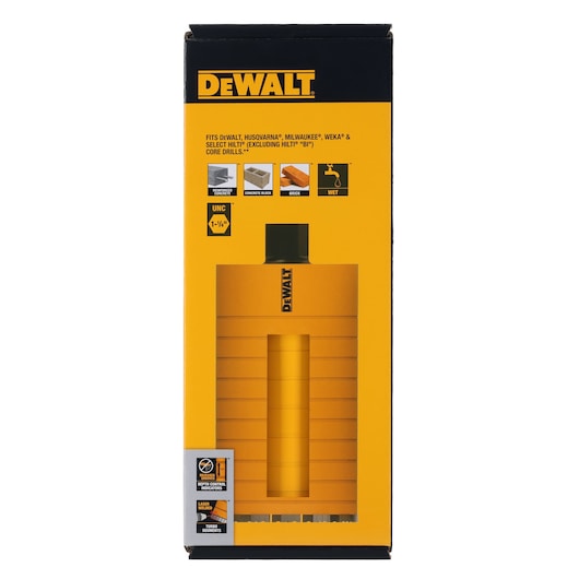 DEWALT core drill accessory box, yellow and black, shows compatible tools and material icons on front.