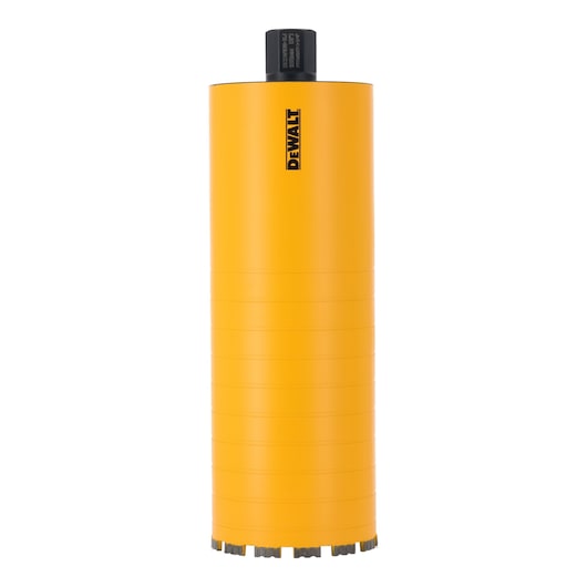 A DEWALT branded yellow cylindrical diamond core drill bit, designed for heavy-duty drilling in masonry and concrete.