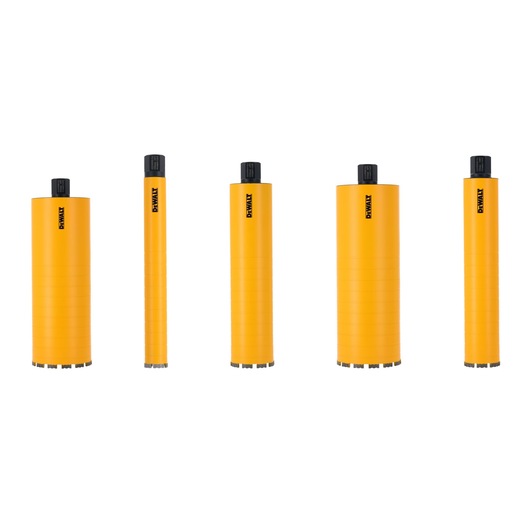 Five yellow DEWALT core drill bits of varying sizes, upright on a white background.