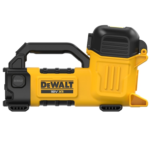 A DEWALT 18V XR portable air inflator tool, shown in yellow and black, designed for inflating tires and other items. It has a handle on top and a compact, rugged design.