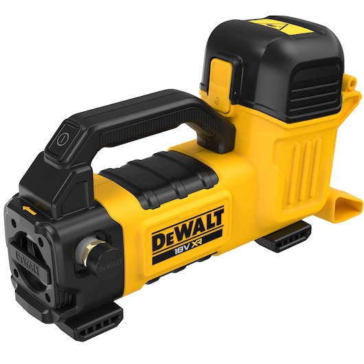 A DEWALT 18V XR portable air compressor with a yellow and black design, featuring a carrying handle and labeled DEWALT on the side.