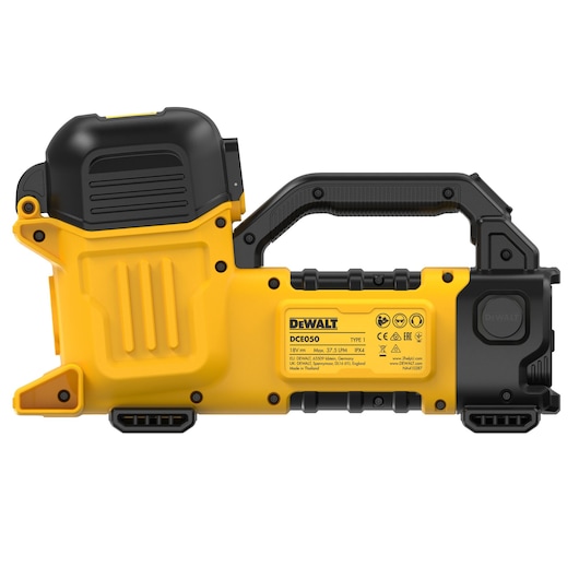 A DEWALT DCE050N portable photography tool, featuring a yellow and black body with an ergonomic handle and labeled details on the side.