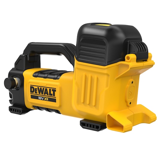 A cordless yellow and black DEWALT 18V XR inflator tool, showing its ergonomic handle and robust design.
