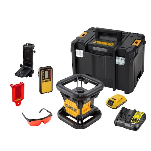 DEWALT rotary laser level kit with a black and yellow laser level device, protective carrying case, red safety glasses, wall mount, laser detector, target card, battery, and charger. All items are displayed on a white background.