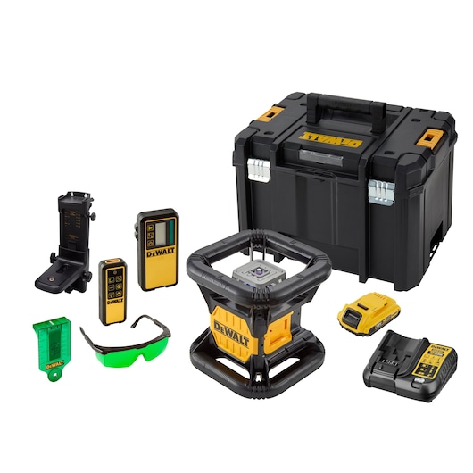 A DEWALT laser level kit with multiple components, including a rotary laser level, laser detector, remote control, mounting bracket, green laser enhancement glasses, charger, battery, and a sturdy black and yellow carrying case.