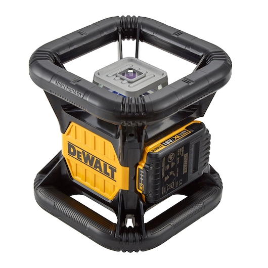 A DEWALT DCE079D1R construction rotary laser level with protective cage and rechargeable battery, designed for professional site use.