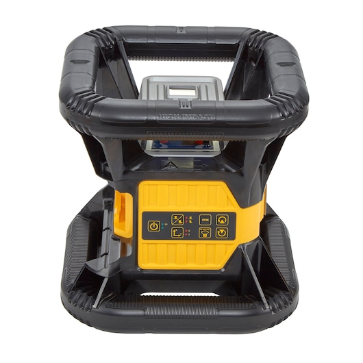 Front view of a DEWALT DCE079D1R rotary laser level, featuring a rugged black and yellow exterior and control panel with multiple buttons and indicators.