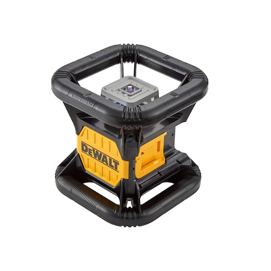 A DEWALT branded yellow and black rotary laser device, featuring a protective cage design and sturdy construction. The device is designed for precise alignment and leveling tasks in construction and photography.