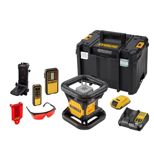A DEWALT rotary laser level kit displayed with accessories including a large black and yellow storage case, red safety glasses, a laser receiver, remote control, bracket, battery, and charger. All components are arranged neatly on a white background.