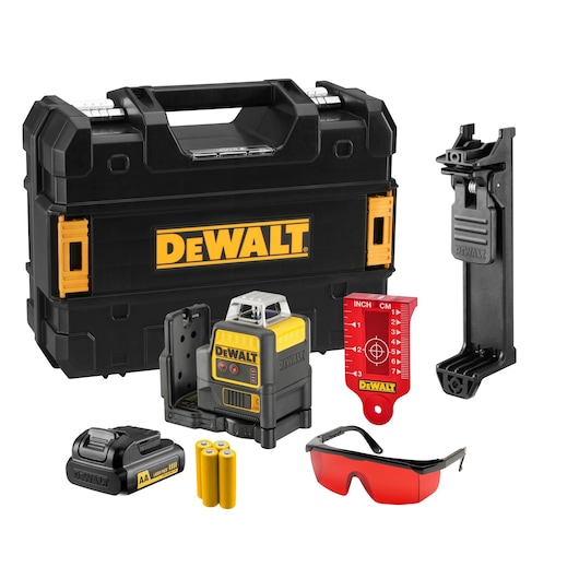 DEWALT laser level set with case, batteries, red glasses, wall mount, and target for measuring and leveling.