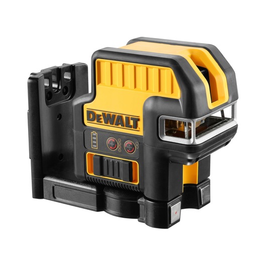 A DEWALT branded self-leveling cross line laser tool with a yellow and black casing, shown with mounting bracket, used for alignment and leveling tasks.
