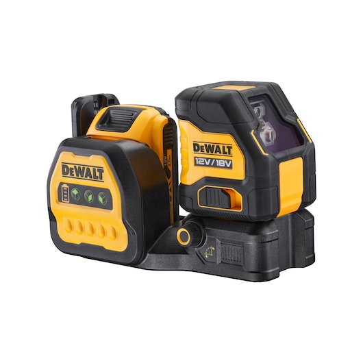 A DEWALT 12V/18V green cross line laser level, model DCE088D1G18, shown on a white background. The device features its characteristic yellow and black design with visible control buttons and labels.