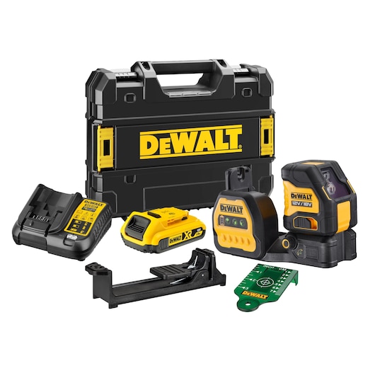DEWALT laser level kit including a hard carrying case, battery charger, battery pack, laser level device, mounting bracket, and a green target card, all displayed on a white background.
