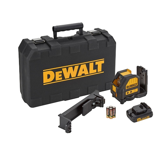 DEWALT laser level kit with case, batteries, mount, charger and accessories on white background.