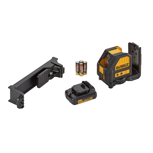 DEWALT laser level set with mount, battery pack, AA batteries, and the main laser unit arranged on white.