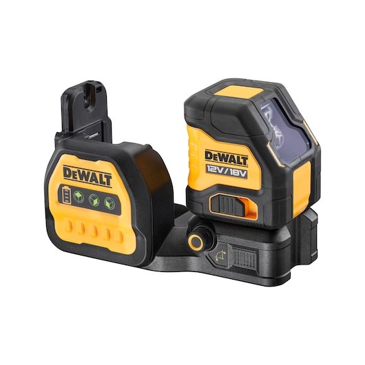 DEWALT 12V/18V cordless laser level tool with black and yellow casing, showing control buttons and mounting bracket.