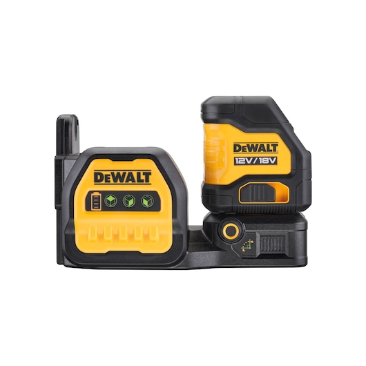 DEWALT 12V/18V cordless laser level with bright yellow and black casing, featuring indicator lights and battery status icons.