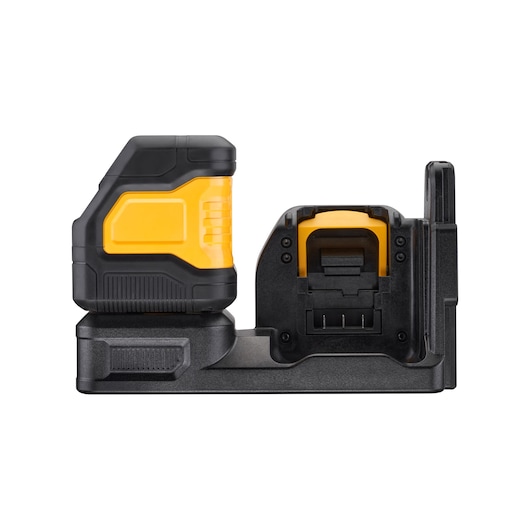 A DEWALT yellow and black laser level device, shown from the side on a white background.