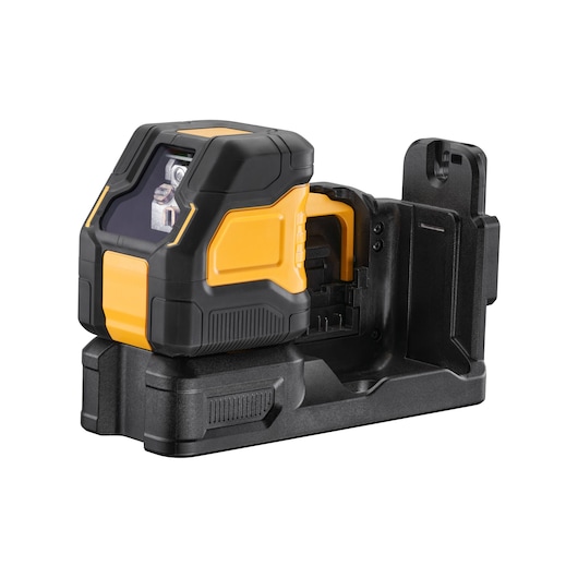 A DEWALT laser level device with a yellow and black casing, shown mounted on a black base against a white background.