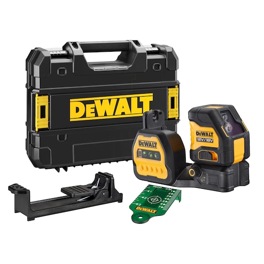 DEWALT laser level kit with black and yellow carrying case, laser level device, mounting bracket, and green target plate, shown against a white background.