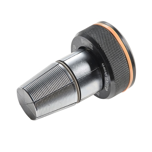 A close-up image of a DEWALT industrial tool component, featuring a metal cylindrical collet with ridged grip and a black knurled adjustment dial with an orange ring.