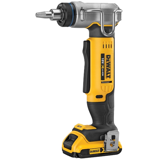 DEWALT 18V cordless right angle tool with metal head and yellow black handle, used for tightening or loosening.