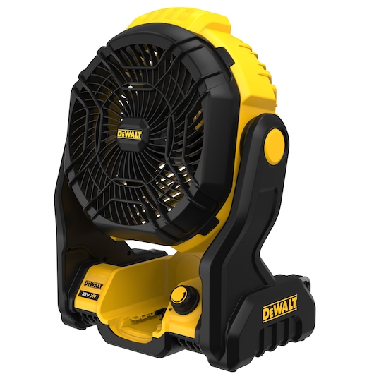 A portable DEWALT battery-powered fan with a black and yellow design, featuring a handle and adjustable base for easy positioning.