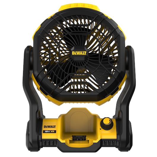 DEWALT portable fan for photography, model DCE512N, DCE512N-XJ. Black and yellow design.