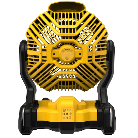 DEWALT fan for photography, SKUs DCE512N, DCE512N-XJ. Yellow and black portable unit, rear view.