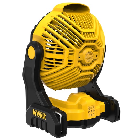 DEWALT portable fan, models DCE512N and DCE512N-XJ, yellow and black, product photo.