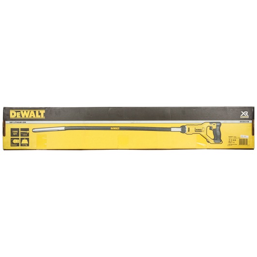 DEWALT DCE531N-XJ boxed tool, yellow and black packaging with product image and features displayed.