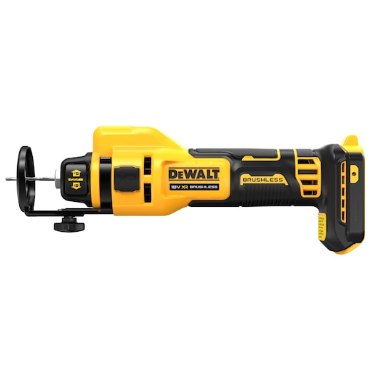 A DEWALT DCE555N cordless brushless rotary cut-out tool, shown in a side profile with a yellow and black design, used for precise cutting applications.