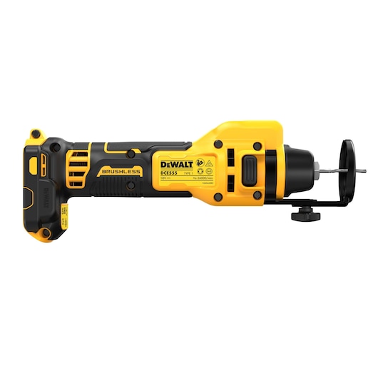A DEWALT DCE555N brushless cordless rotary cutting tool, shown in a side profile. The tool is mainly yellow and black, with various labels and markings on the body. It is designed for precise cutting applications.