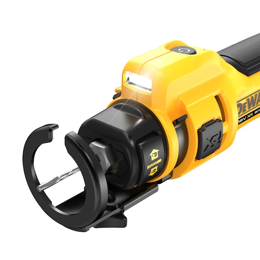 Close-up of a DEWALT DCE555N cordless rotary cutting tool with a drill bit attached, featuring a yellow and black design, an LED work light, and control buttons.