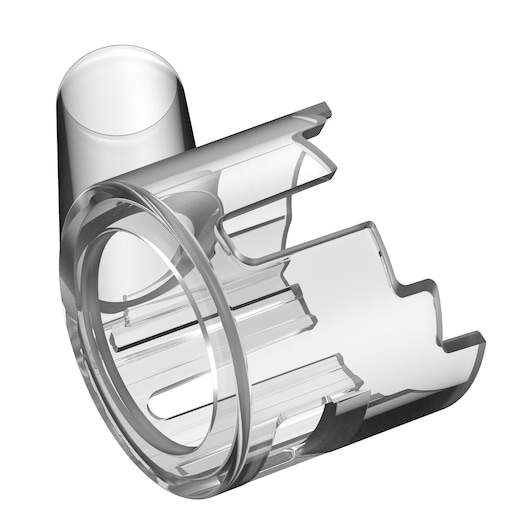 Close-up of a transparent plastic attachment or accessory, designed with a circular opening and angled features, likely used for a power tool.