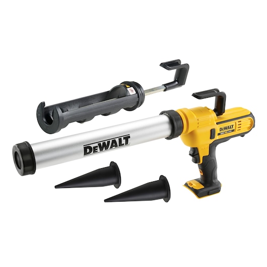 DEWALT cordless caulking gun DCE581N with two nozzles and tube, shown disassembled on a white background.