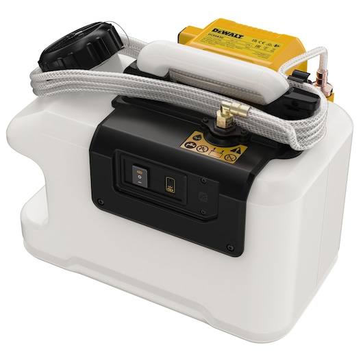 A DEWALT DCE6820N photography product, featuring a white and black compact machine with a yellow component on top, flexible tubing, control panel, and warning labels.