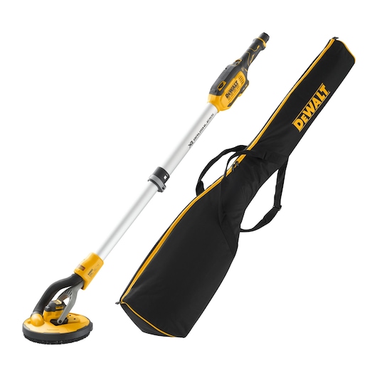 DEWALT cordless drywall sander with a black and yellow carrying bag.