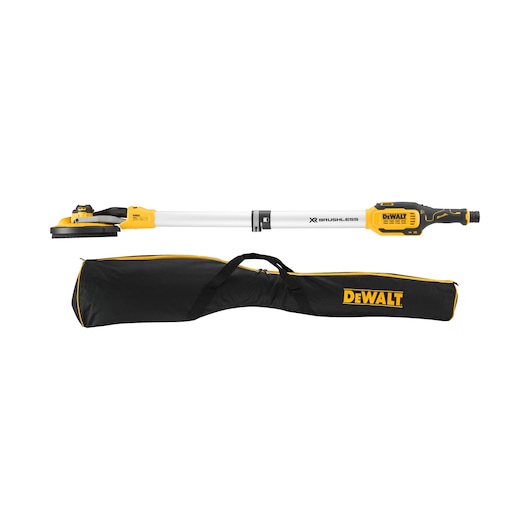 DEWALT cordless drywall sander with brushless motor, shown with a black carrying bag.