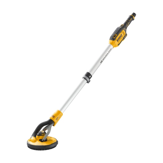 DEWALT cordless drywall sander with long handle and circular sanding head, shown on white background.
