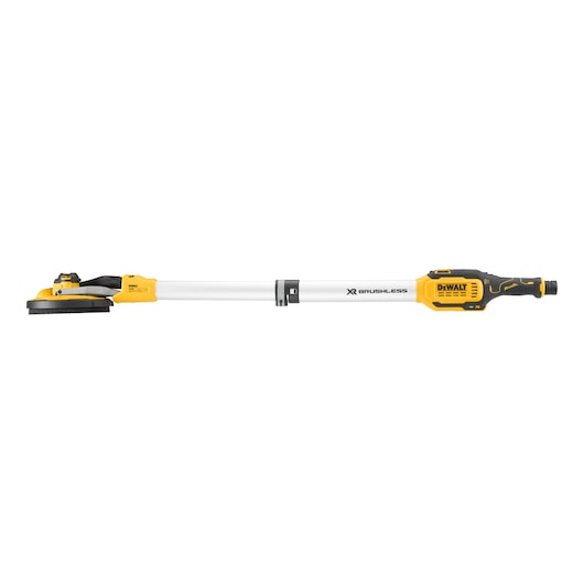 DEWALT cordless drywall sander with telescopic pole, yellow and black design, shown on a white background.