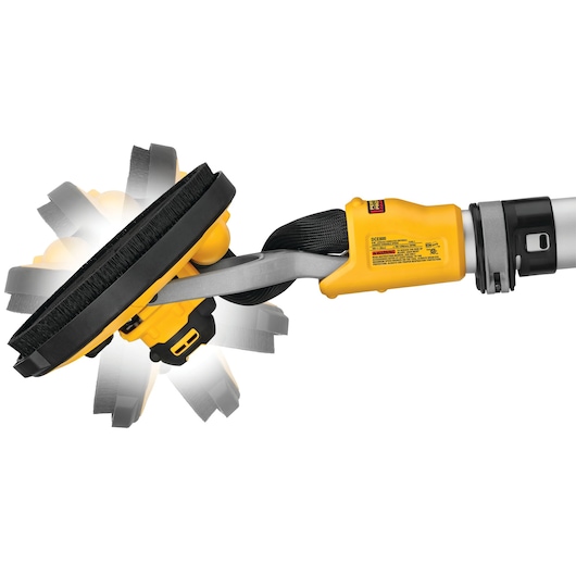 DEWALT DCE800T2 drywall sander with adjustable head and yellow handle shown against a white background.