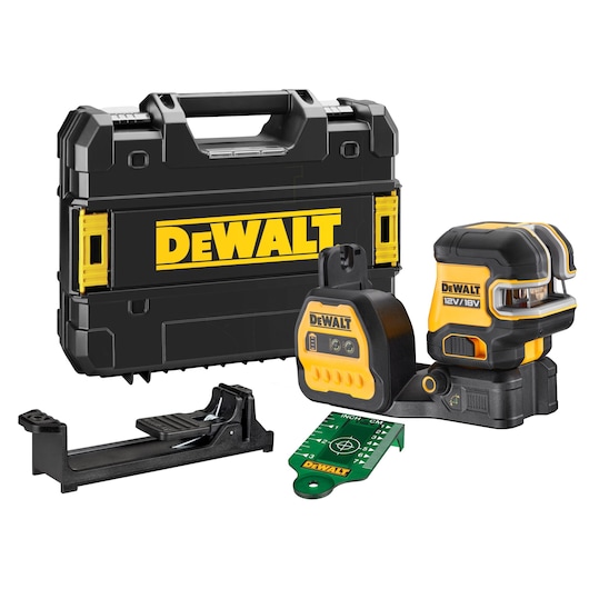 DEWALT laser level kit featuring a black and yellow carrying case, laser level device, mounting bracket, and a green target plate accessory.