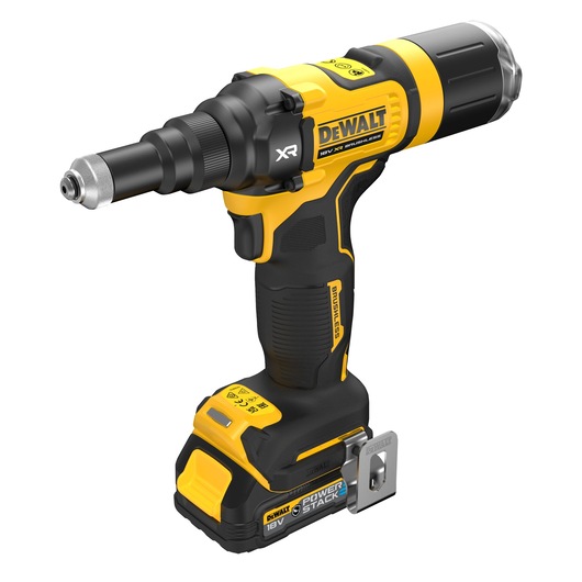 DEWALT yellow and black cordless screwdriver, 18V XR model with brushless motor and POWERSTACK battery.